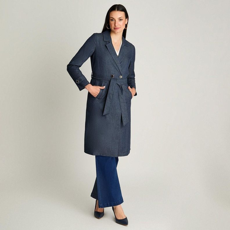 Trench De Denim Manga Larga Con Botones Dorados Azul-3