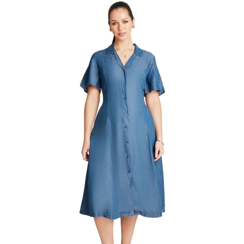Vestido Midi Azul Oscuro Manga Corta Cuello Solapa-0