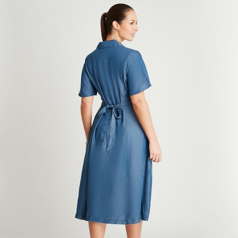 Vestido Midi Azul Oscuro Manga Corta Cuello Solapa-1