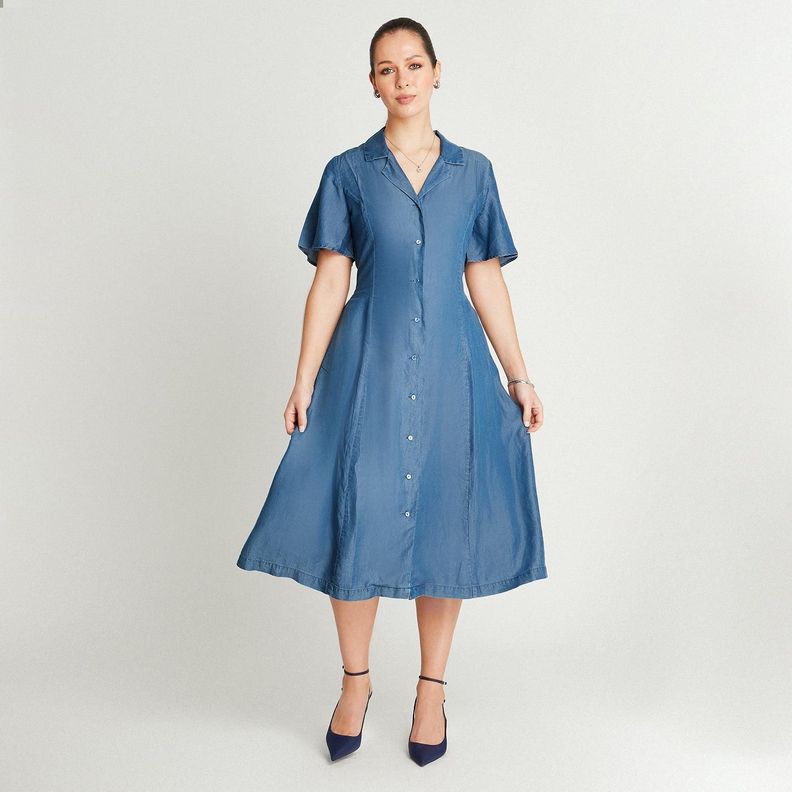 Vestido Midi Azul Oscuro Manga Corta Cuello Solapa-3