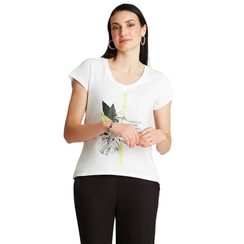 Polera Blanco Manga Corta Estampado Cuello V-0