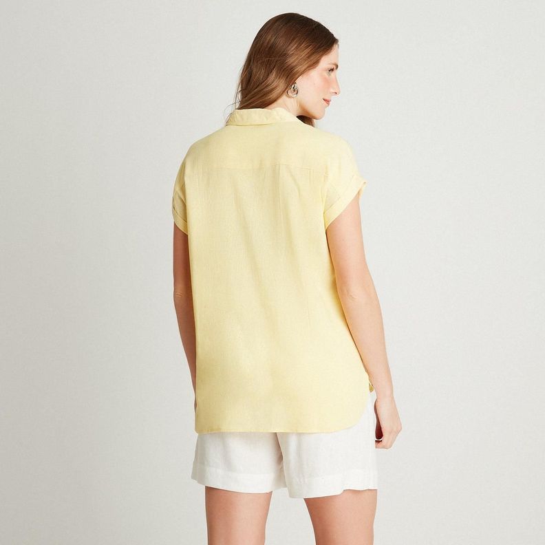 Blusa De Lino Amarillo Manga Corta High & Low-1