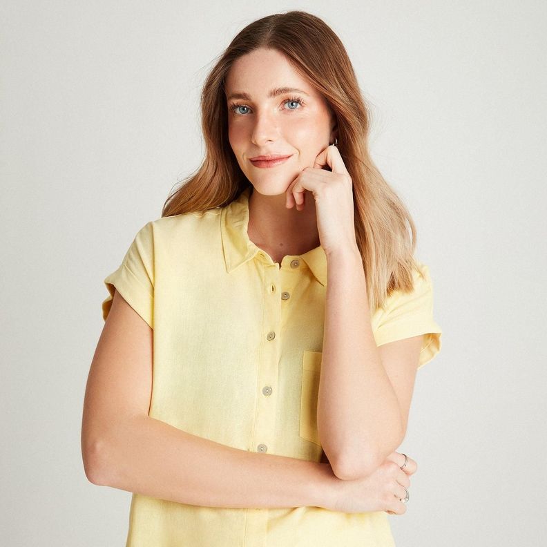 Blusa De Lino Amarillo Manga Corta High & Low-2