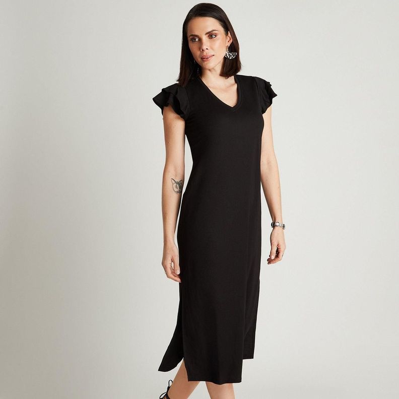 Vestido Maxi Negro Manga Corta Cuello V-0