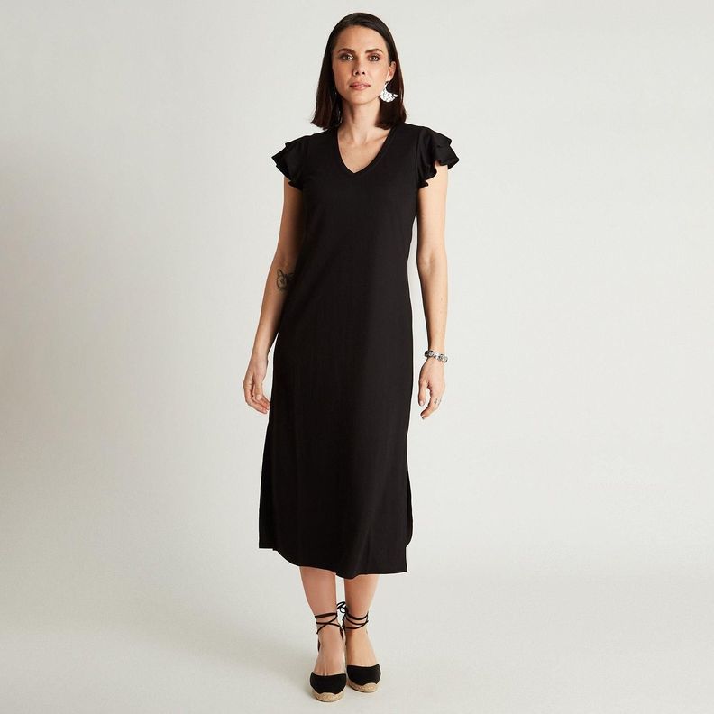 Vestido Maxi Negro Manga Corta Cuello V-3