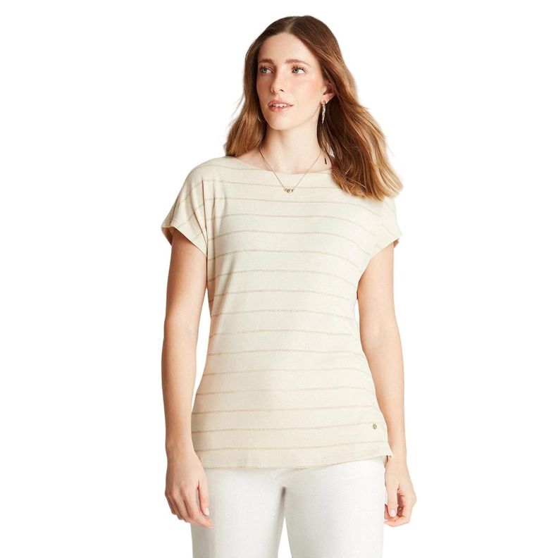 Polera Beige Manga Kimono Listada Cuello Redondo-0
