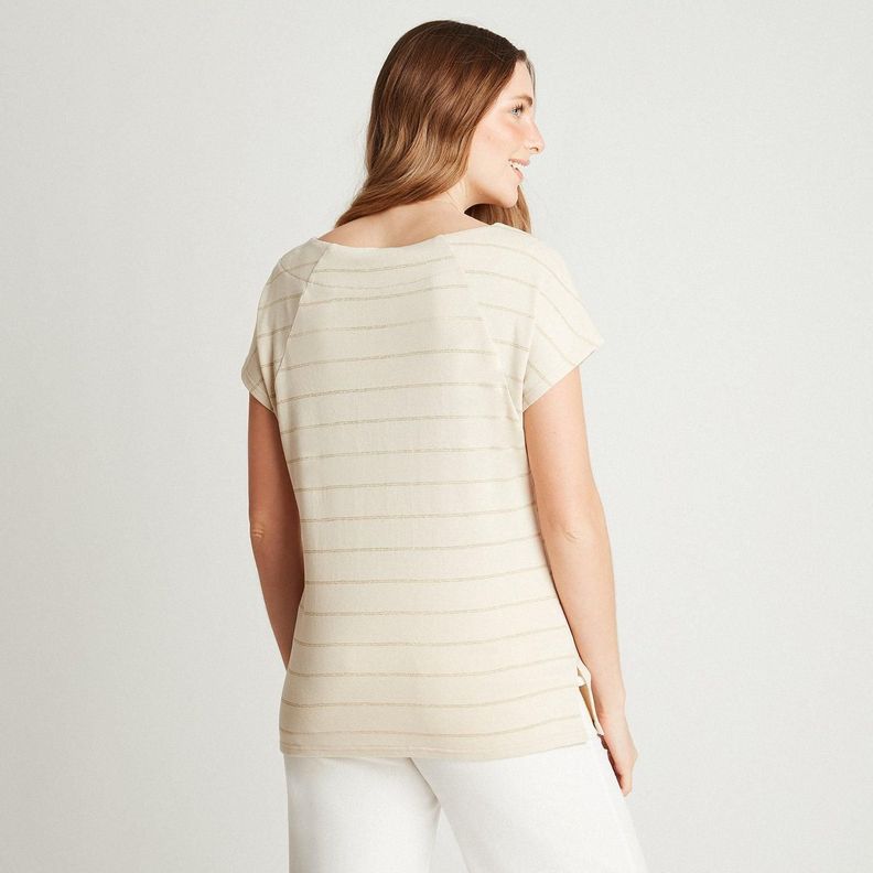 Polera Beige Manga Kimono Listada Cuello Redondo-1