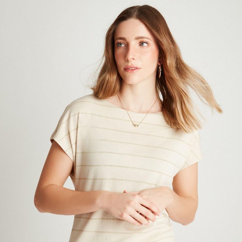 Polera Beige Manga Kimono Listada Cuello Redondo-2