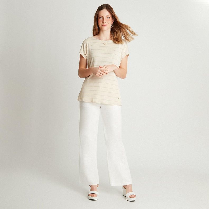 Polera Beige Manga Kimono Listada Cuello Redondo-3