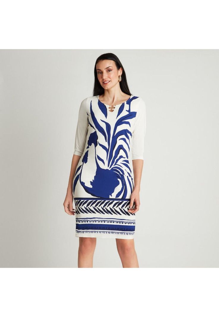 Vestido Midi Azulino Manga 3/4 Estampado Cuello Redondo-1