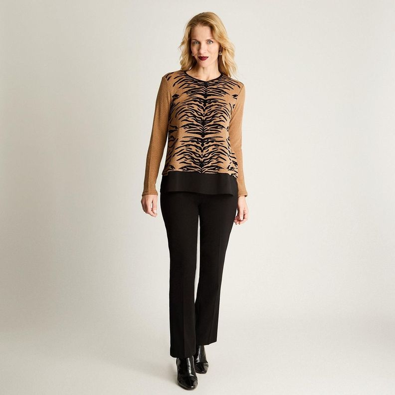 Polera Manga Larga Lanilla Aplicación Animal Print Camel-3