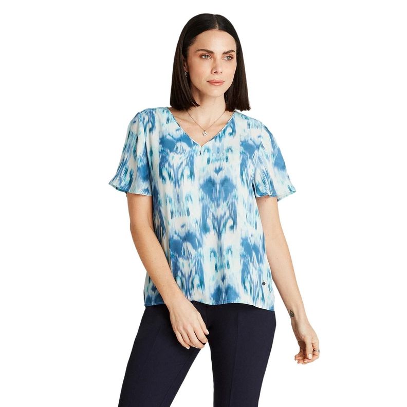 Blusa Celeste Manga Corta Cuello V-0