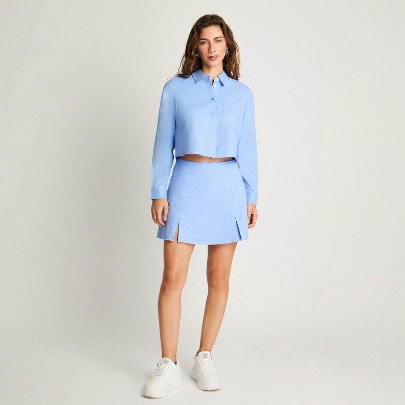 Blusa Crop Manga Larga Lino Celeste-3