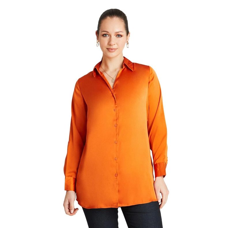 Blusa Naranja Manga Larga Cuello Camisero-0
