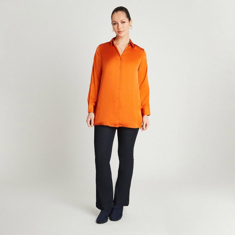 Blusa Naranja Manga Larga Cuello Camisero-3
