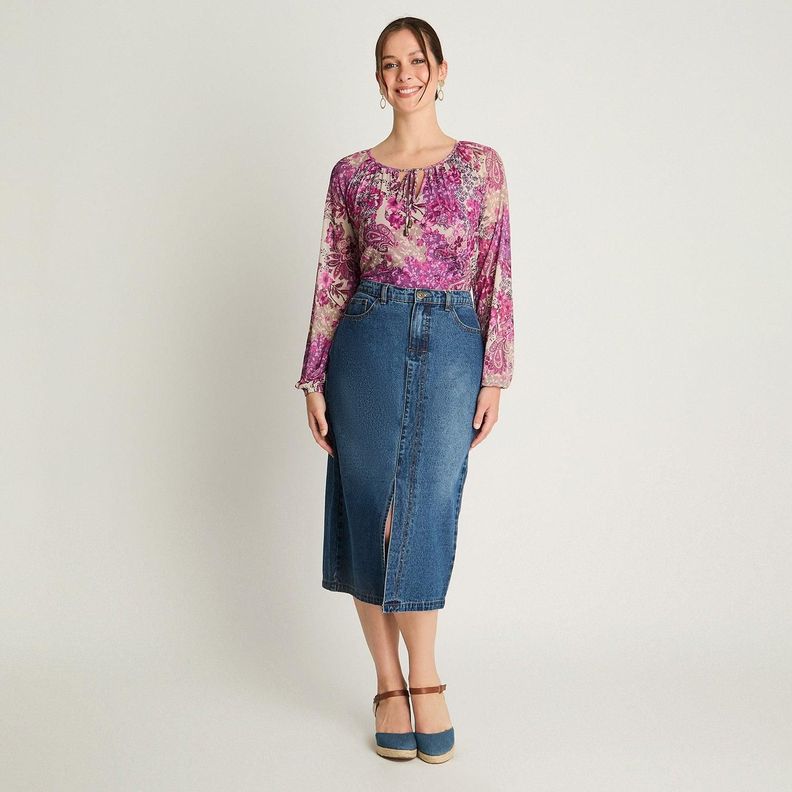 Falda Midi Jeans Abertura Frontal Azul-3