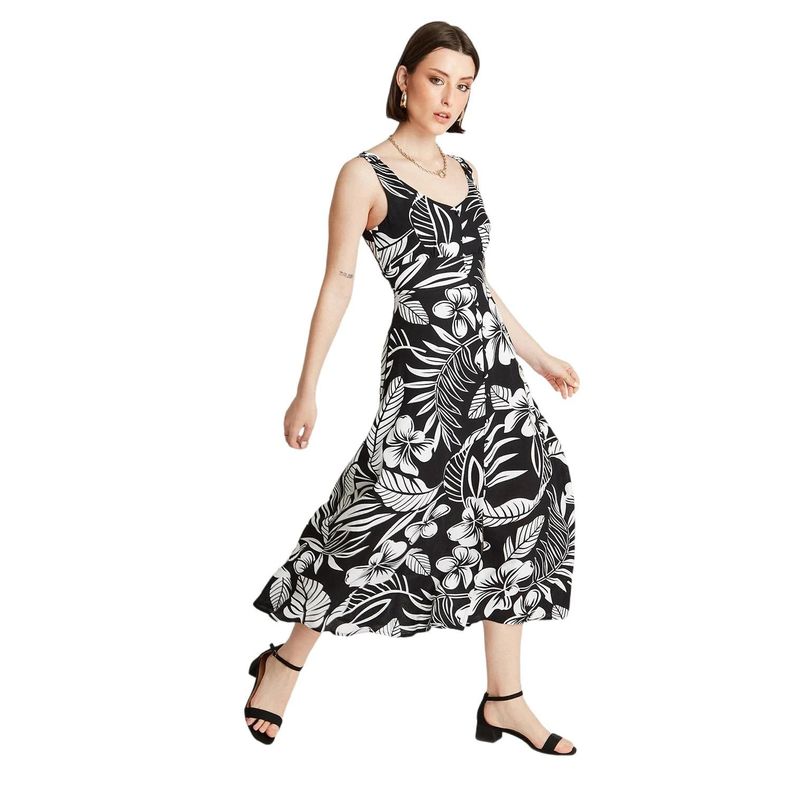 Vestido Maxi Negro De Lino Estampado Sin Mangas-0