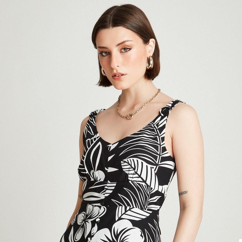 Vestido Maxi Negro De Lino Estampado Sin Mangas-2