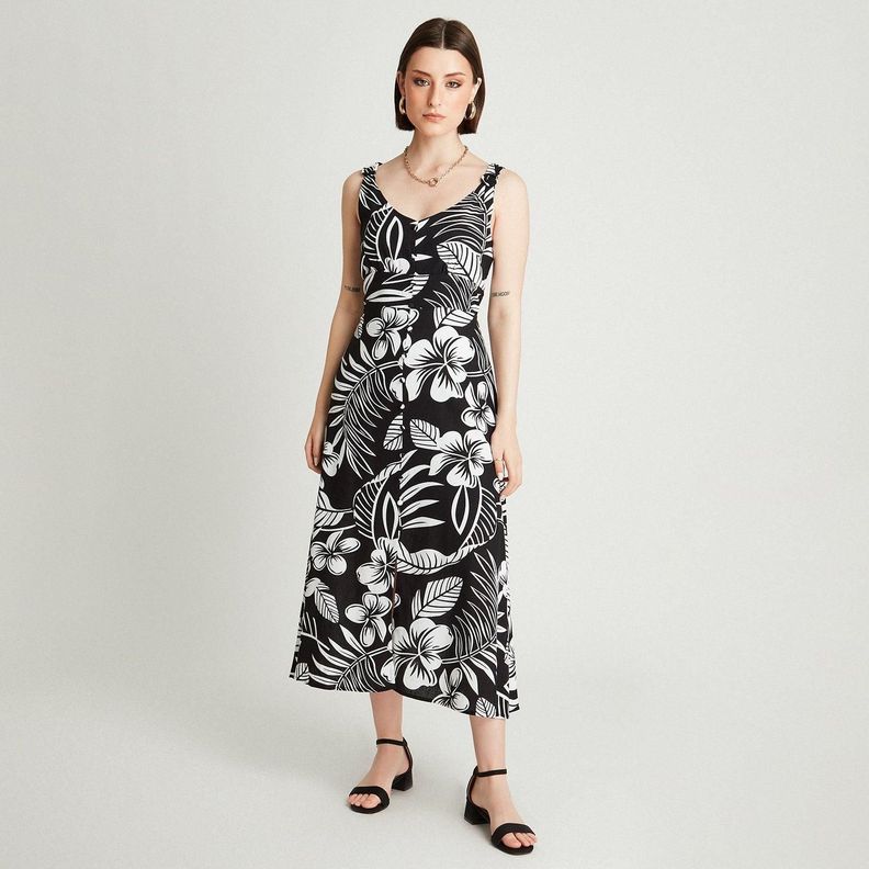 Vestido Maxi Negro De Lino Estampado Sin Mangas-3