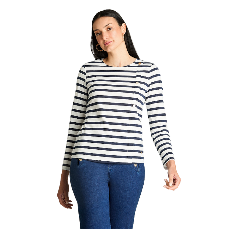 Polera Manga Larga Rayada Con Botones Dorados Crudo-0