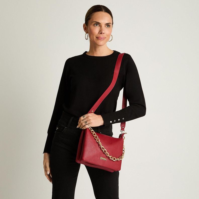 Cartera Triple Con Strap De Pu Y Cadena Rojo-3