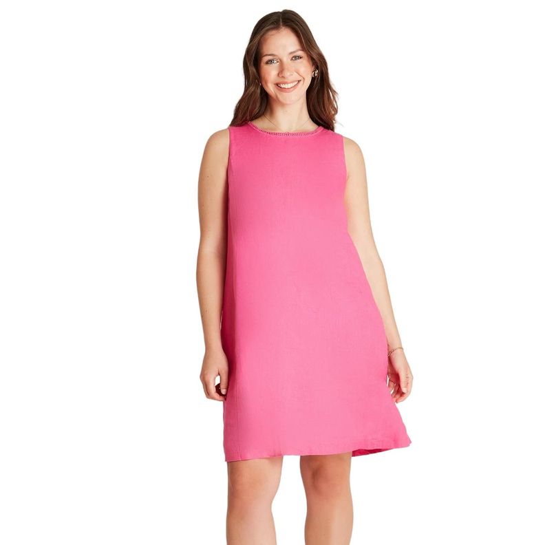 Vestido Midi Lino Fucsia Sin Manga Cuello Redondo-0