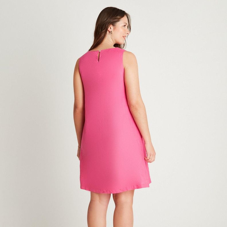 Vestido Midi Lino Fucsia Sin Manga Cuello Redondo-1