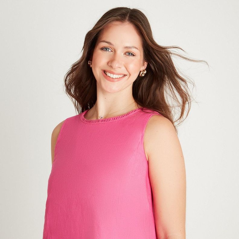 Vestido Midi Lino Fucsia Sin Manga Cuello Redondo-2