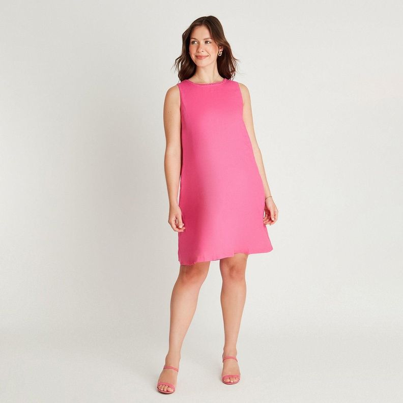 Vestido Midi Lino Fucsia Sin Manga Cuello Redondo-3