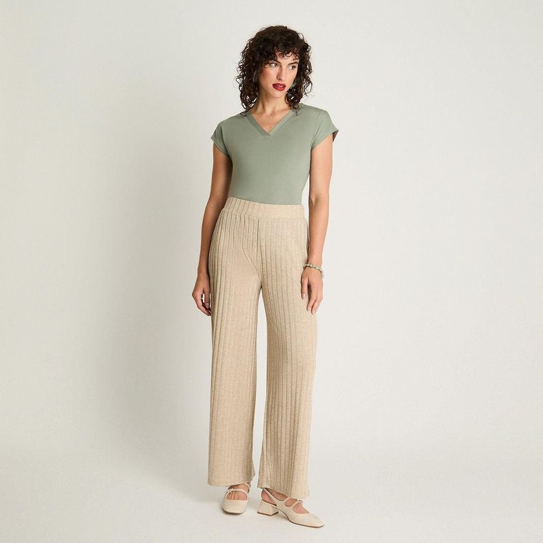Pantalón De Lanilla Recto Pretina Elasticada Beige-3