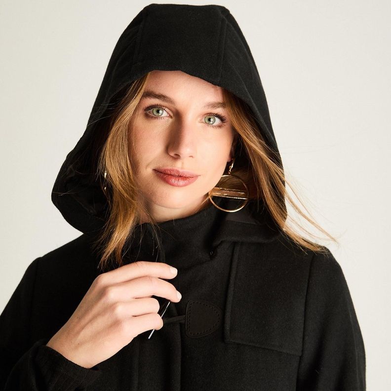 Abrigo Con Alamares Efecto Gamuza Y Gorro Manga Larga Negro-1