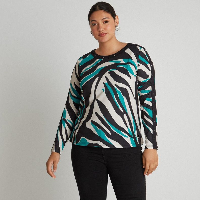 Polera Camant Manga Larga Con Diseño de Bloques y Brillo Esmeralda-1