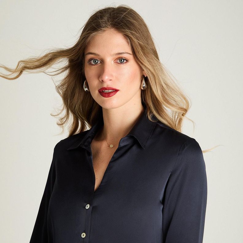 Blusa Manga Larga Satin Camisera Azul-1