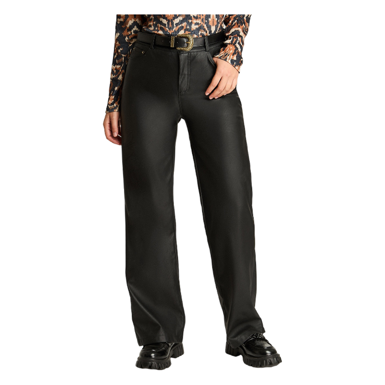 Pantalón Recto Pu Con Cinturón Negro-0