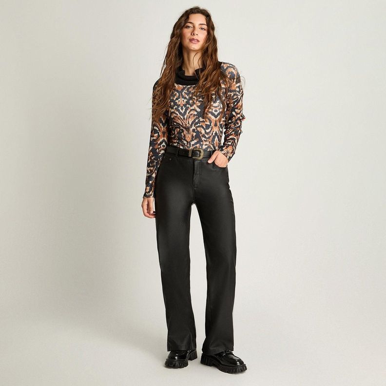Pantalón Recto Pu Con Cinturón Negro-3