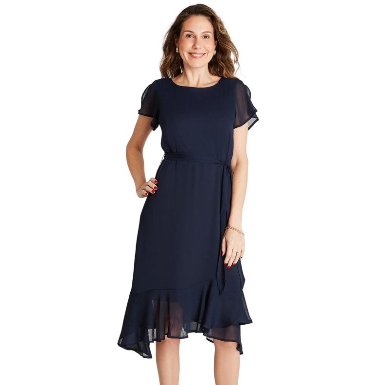 Vestido Midi Azul Manga Corta Cuello Redondo-0