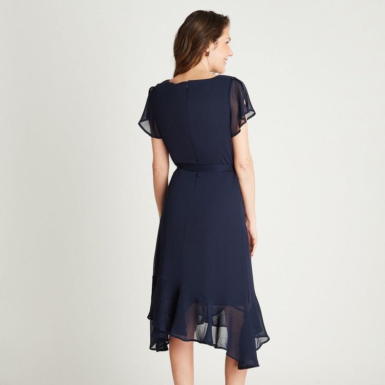Vestido Midi Azul Manga Corta Cuello Redondo-1