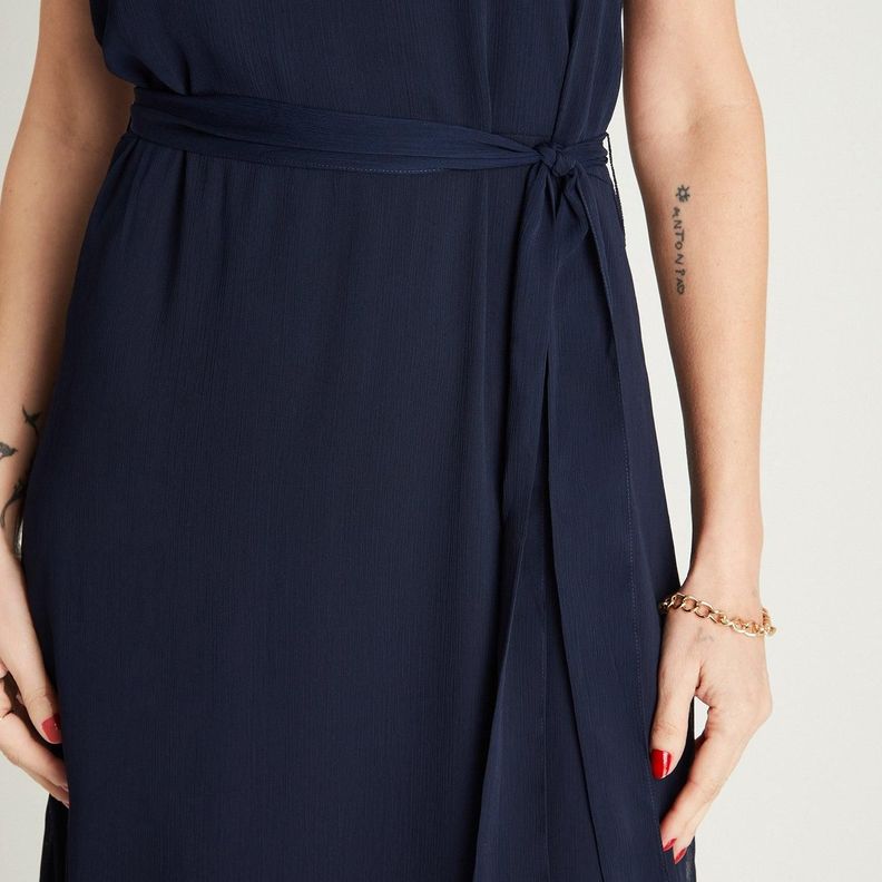 Vestido Midi Azul Manga Corta Cuello Redondo-2
