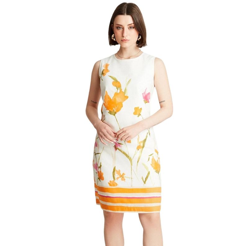 Vestido Midi Blanco Sin Manga Estampado Cuello Redondo-0