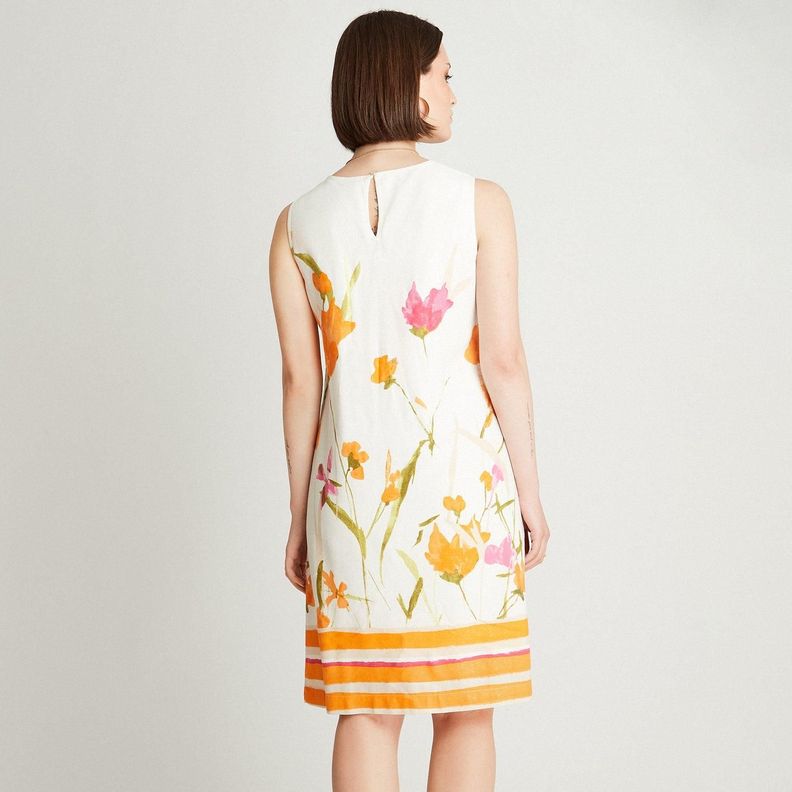 Vestido Midi Blanco Sin Manga Estampado Cuello Redondo-1