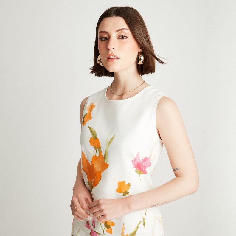 Vestido Midi Blanco Sin Manga Estampado Cuello Redondo-2