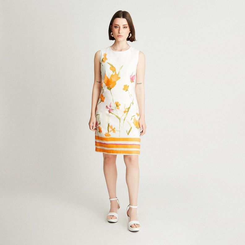Vestido Midi Blanco Sin Manga Estampado Cuello Redondo-3