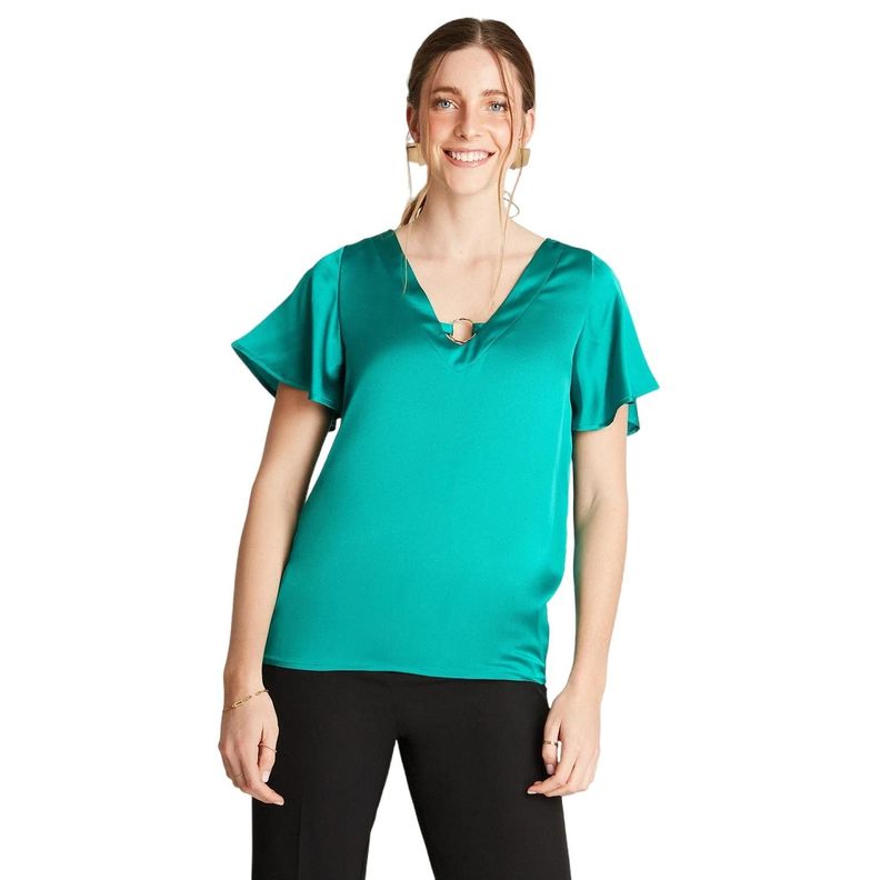 Blusa Verde Manga Corta Cuello V-0