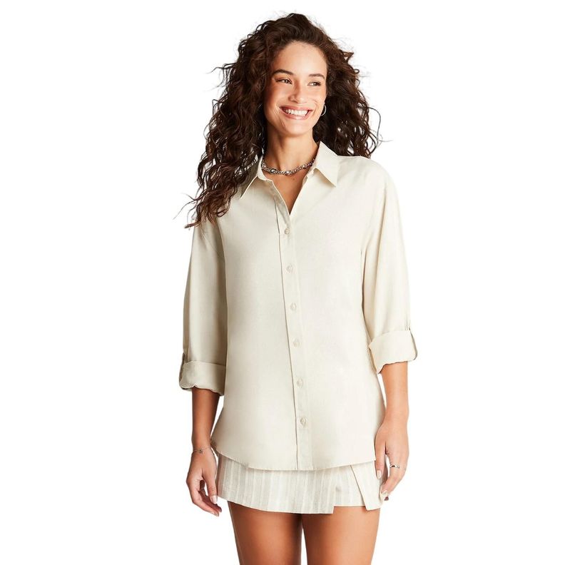 Blusa Lino Beige Manga Larga Cuello Camisero-0