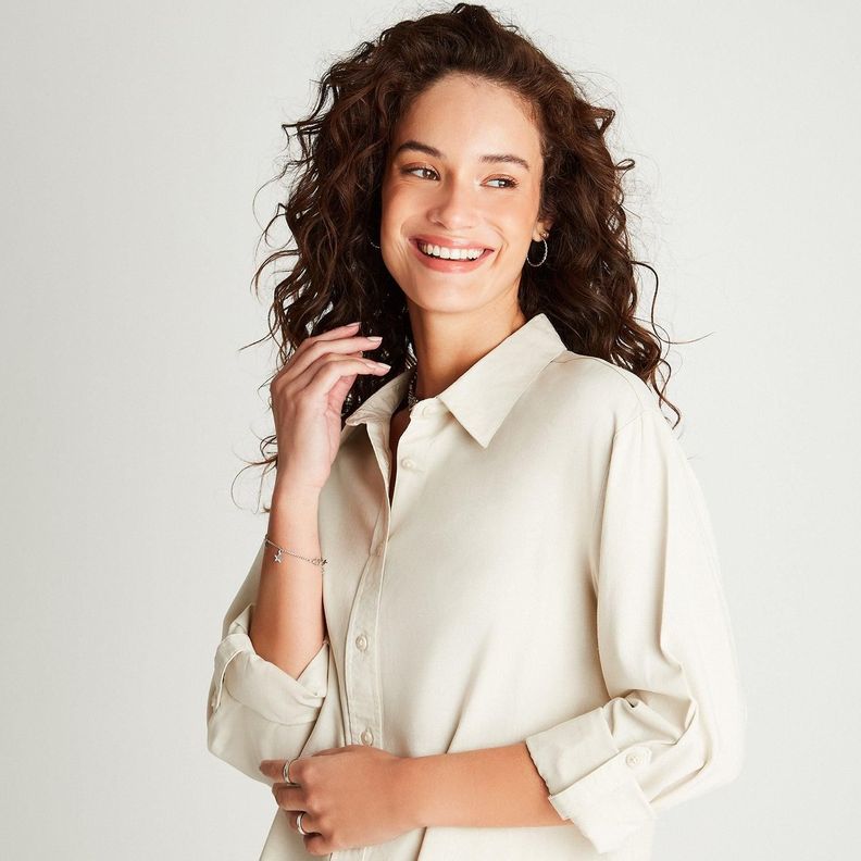 Blusa Lino Beige Manga Larga Cuello Camisero-2