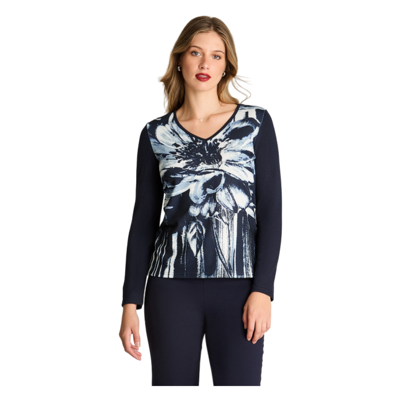 Polera Manga Larga Lanialla Escote V Estampada Azul-0