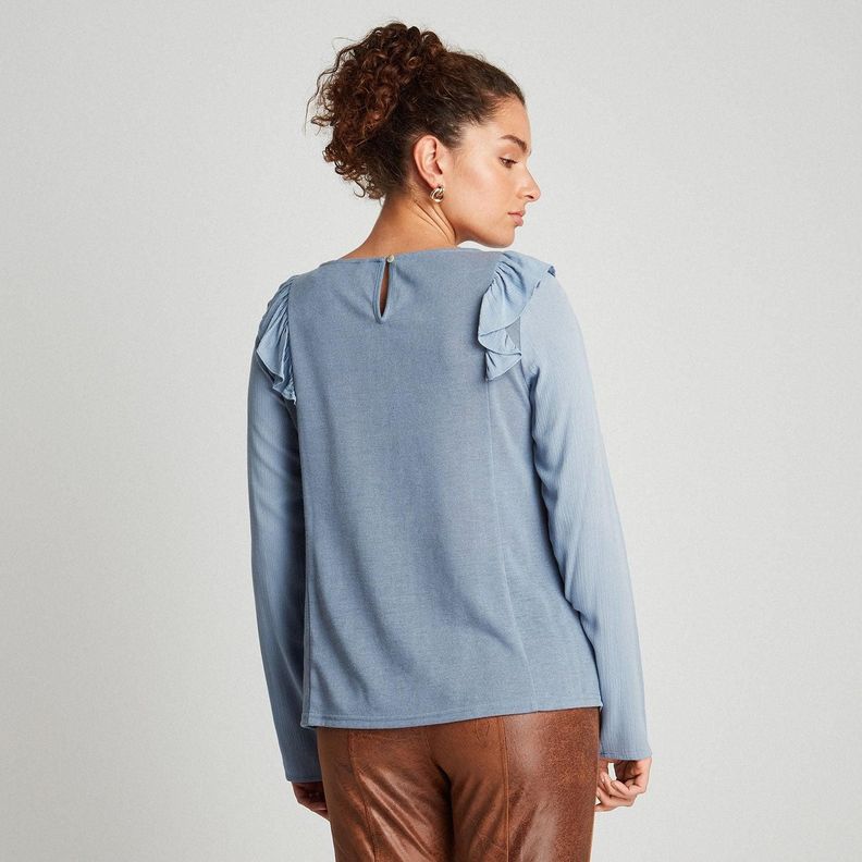 Polera Manga Larga Mix Fabric Con Vuelos Celeste-2