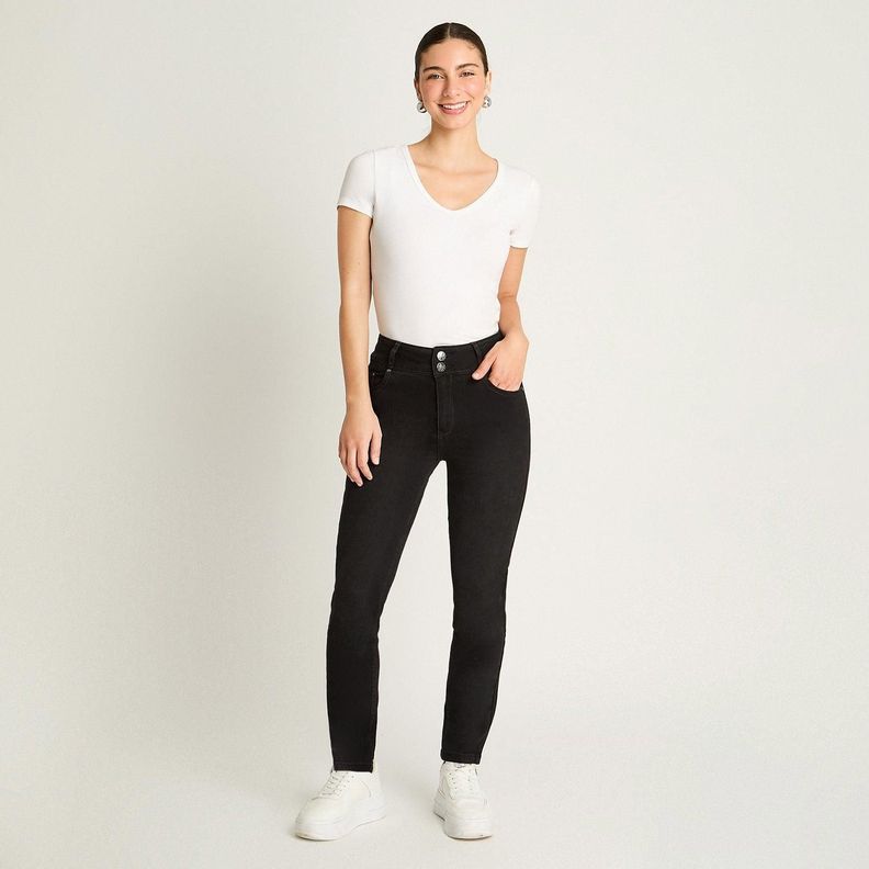 Jeans Slim 5 Bolsillos Pretina Dos Botones Push Up Negro-3