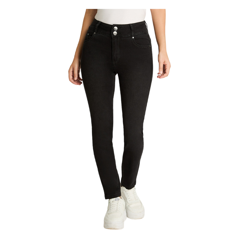 Jeans Slim 5 Bolsillos Pretina Dos Botones Push Up Negro-0