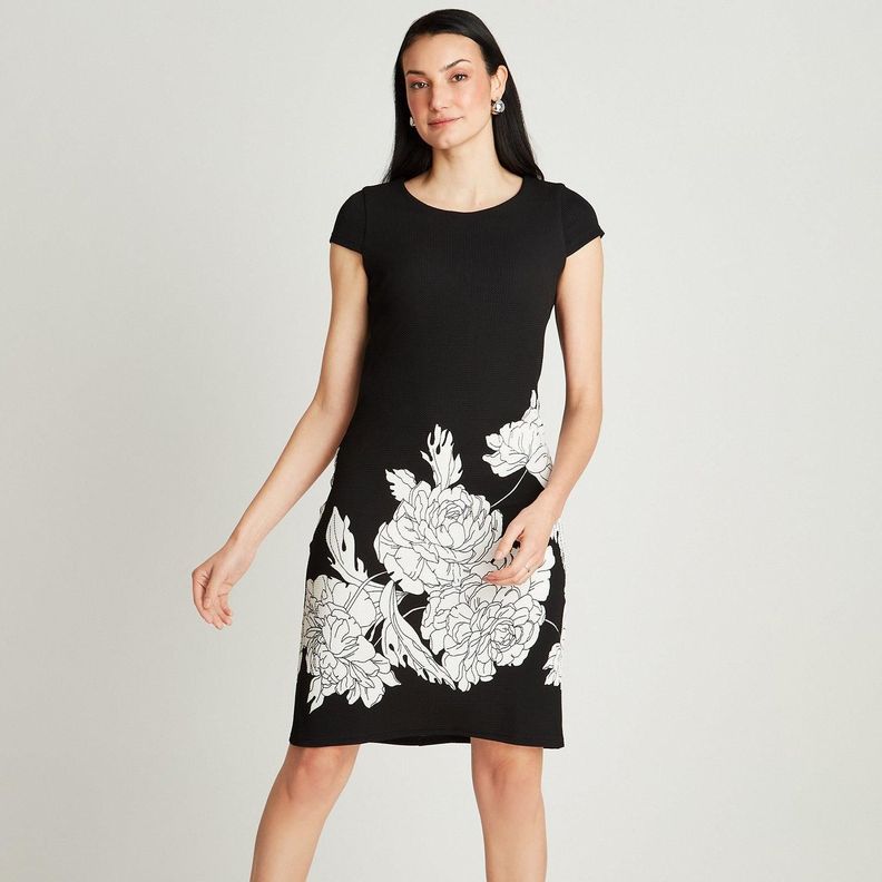 Vestido Midi Negro Manga Corta Estampado Cuello Redondo-0